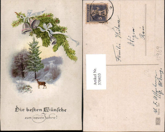 370433,Künstler AK Neujahr Winterlandschaft Reh Tannenzweig Glocken