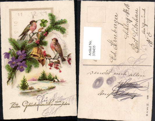 370435,Künstler AK Neujahr Winterlandschaft Tannenzweig Vögel Glocken Veilchen pub B.K.W.I. 1480