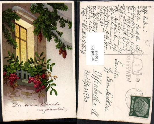 370445,Künstler AK Neujahr Haus Fenster Tannenzweige Zapfen Klee Mistelzweige