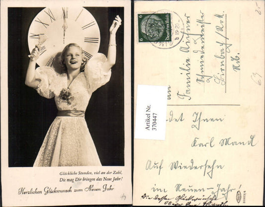 370447,Neujahr Frau m. Kleid Sekt Uhr Spruch