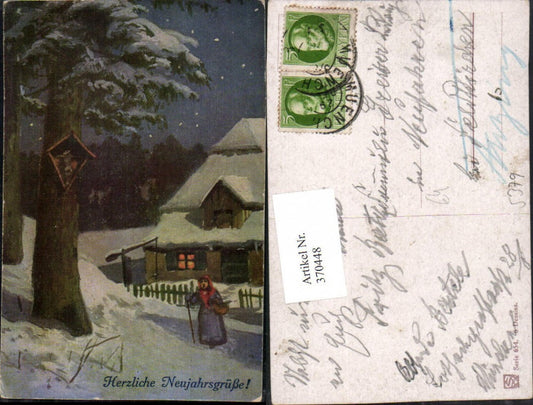 370448,Künstler AK Neujahr Winterlandschaft Haus Wegkreuz