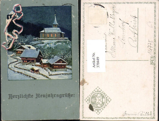370449,Künstler AK Neujahr Winterlandschaft Dorf Kirche Passepartout