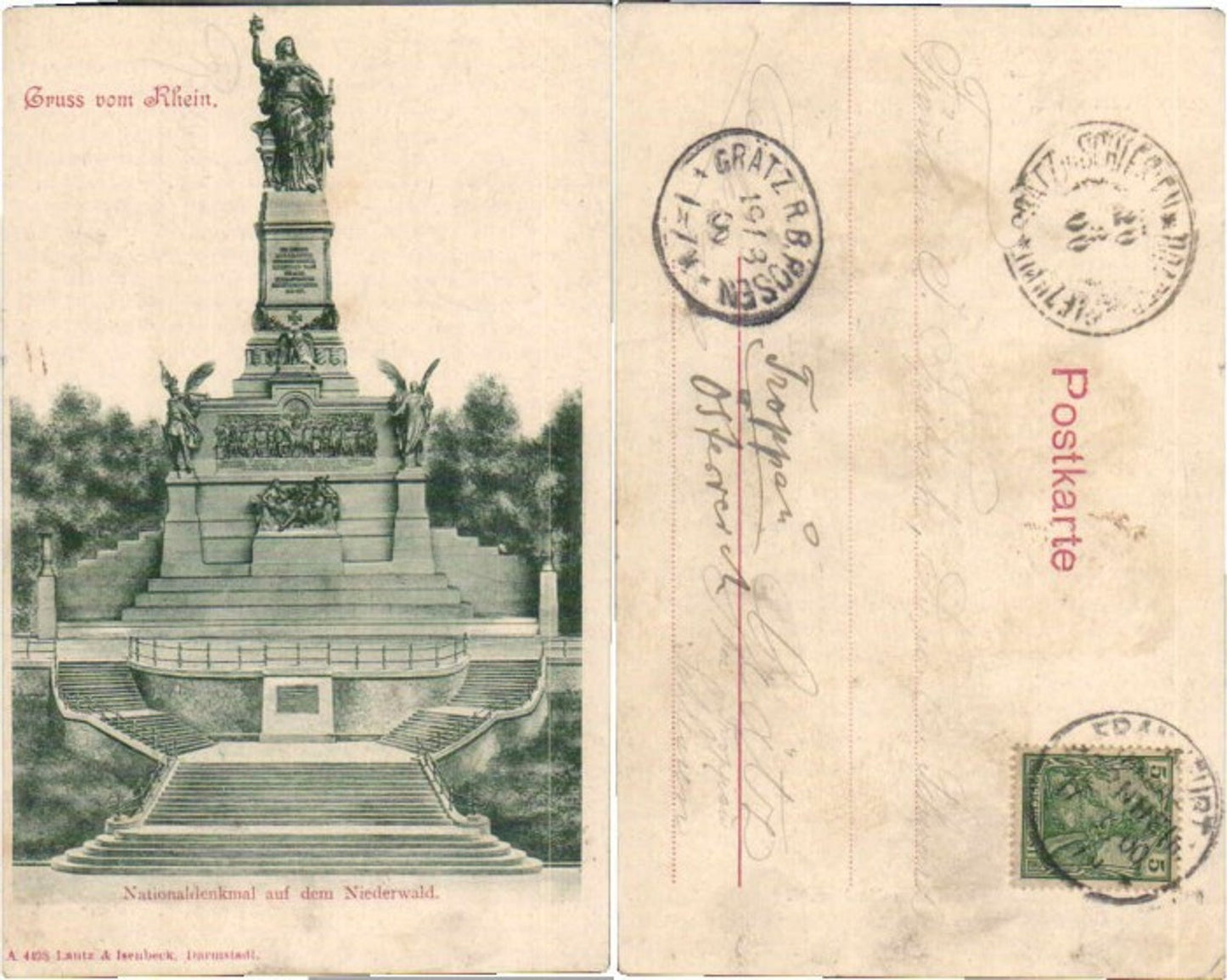 69130,Gruss vom Rhein Nationaldenkmal Niederwald 1899
