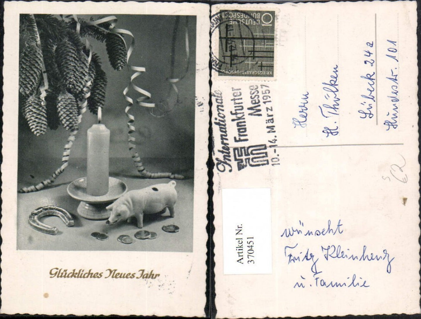 370451,Neujahr Kerze Ferkel Schwein Figur Hufeisen Münzen Zapfen Frankfurter Messe 1957 Stempel
