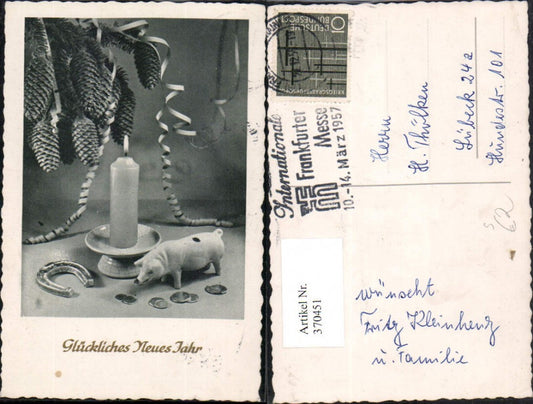 370451,Neujahr Kerze Ferkel Schwein Figur Hufeisen Münzen Zapfen Frankfurter Messe 1957 Stempel