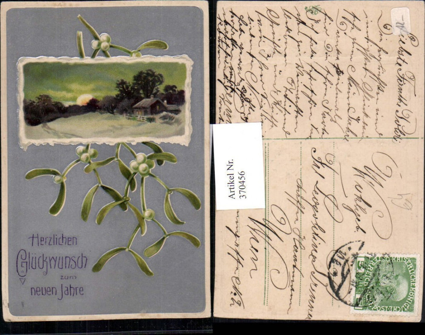 370456,Präge Reliefkarte Neujahr Winterlandschaft Passepartout Mistelzweig