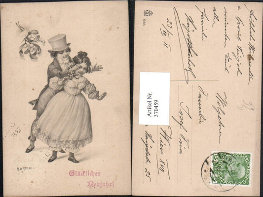 370459,Künstler AK Neujahr R. Kratki Kinder Mädchen m. Kleid Junge m. Zylinder Mistelzweig