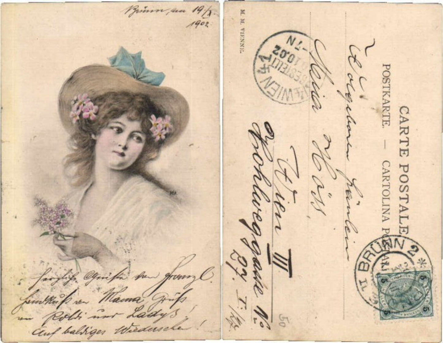 69241,M.M. Vienne Munk Jugendstil Frau Hut Blume