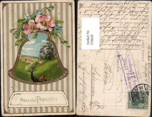 370649,Präge Litho Pfingsten Landschaft Passepartout Glocke Blüten