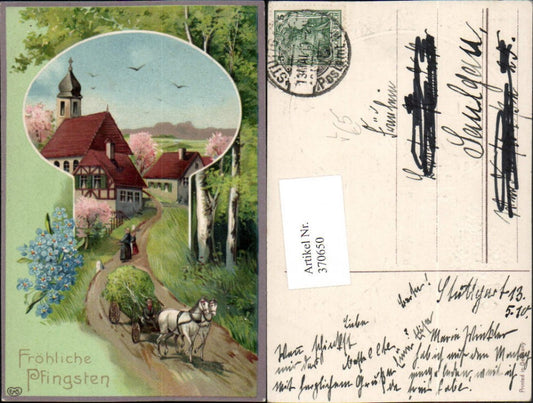 370650,Präge Litho Pfingsten Landschaft Kirche Pferdewagen pub EAS