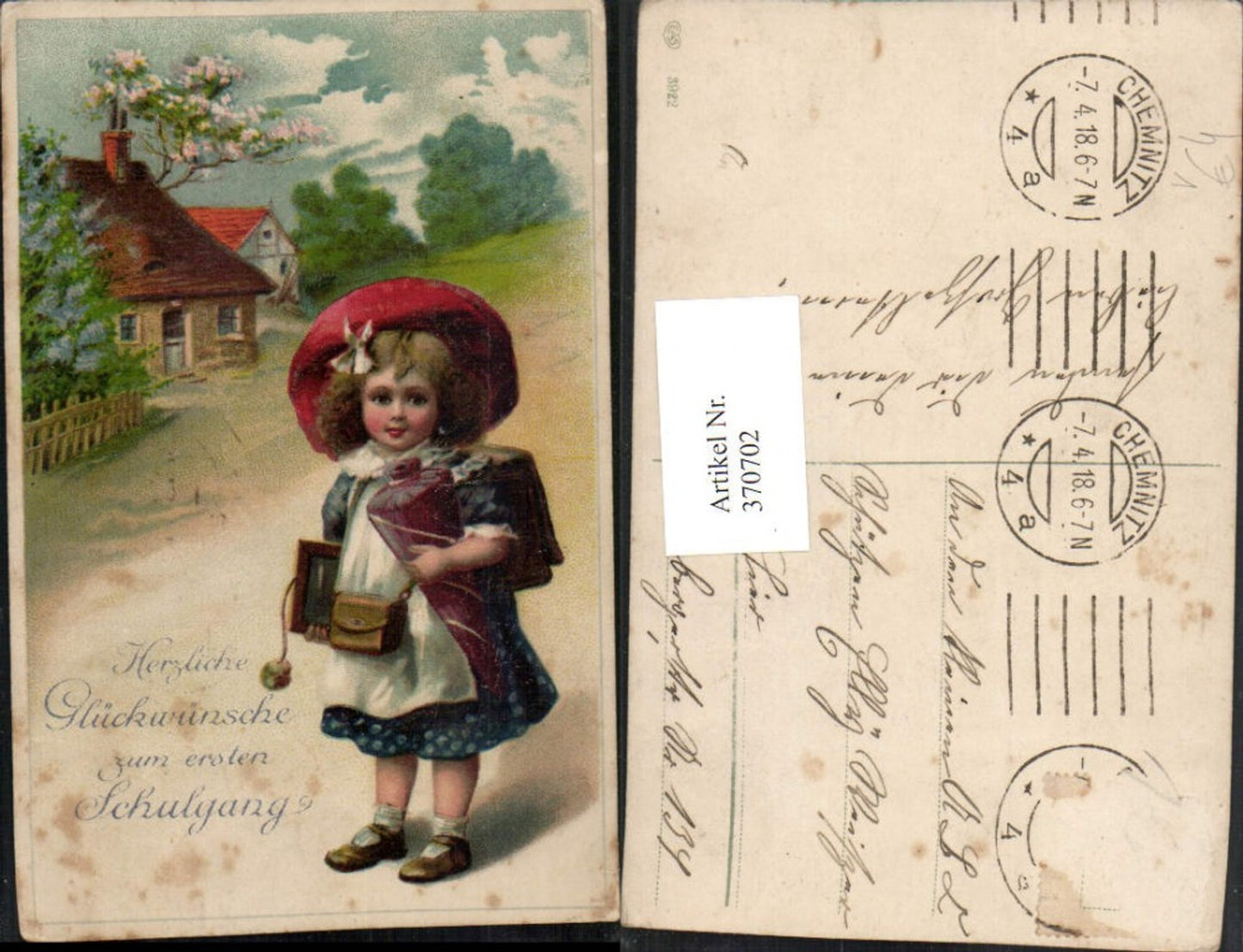 370702, Artist AK First Day of School Girl with Hat School Cone School Bag pub EAS 3922