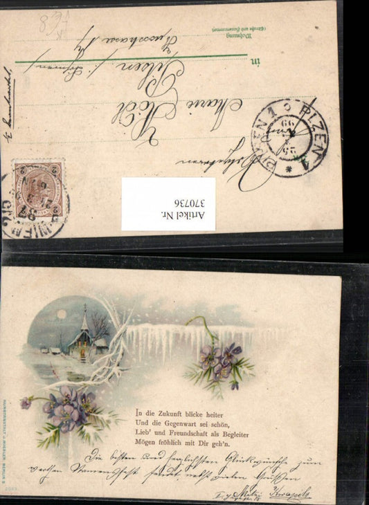 370736, Artist Lithograph Winter Landscape Church Saying Quote Flowers pub J. Miesler 2023
