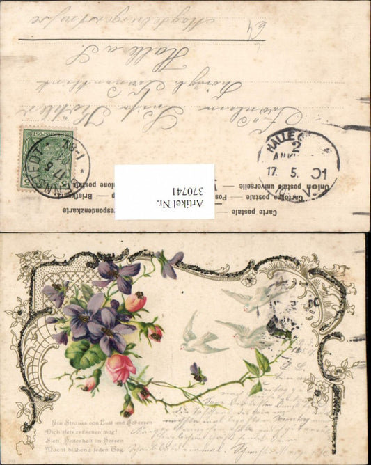 370741,Glitzer Litho AK Spruch Text Tauben Blumen Veilchen Rosen
