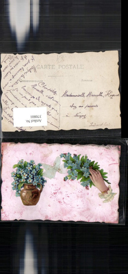 370801,Applikation Hans Blumen Vergissmeinnicht Vase Schleife
