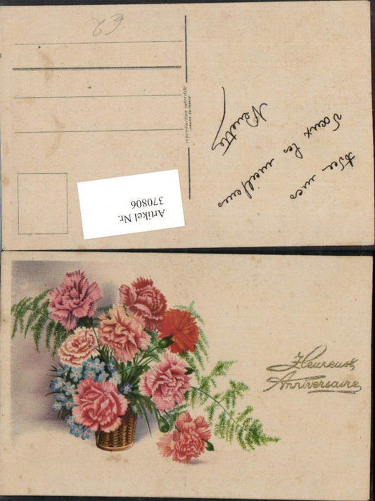 370806, Artist AK Happy Anniversary Flowers Carnations Forget-me-nots Fern