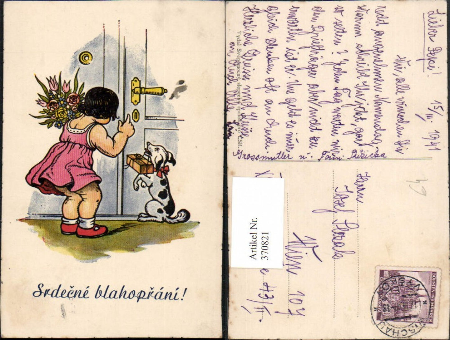 370821, Artist AK Srdecne blahoprani Girl Bouquet Dog Gift Door