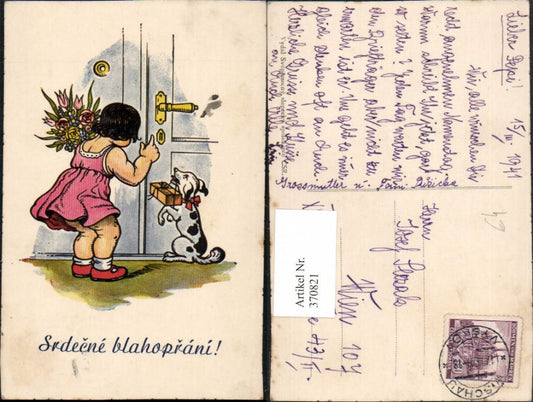 370821, Artist AK Srdecne blahoprani Girl Bouquet Dog Gift Door