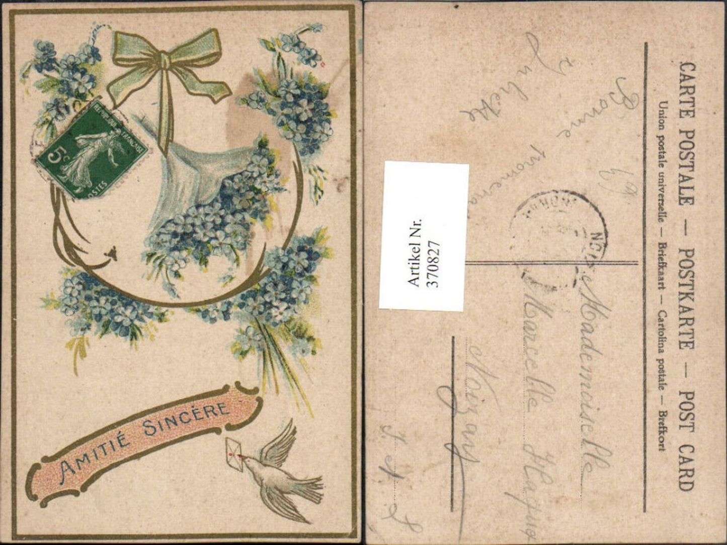 370827, Artist AK Friendship Sincere Carrier pigeon Flowers Forget-me-not Ribbon