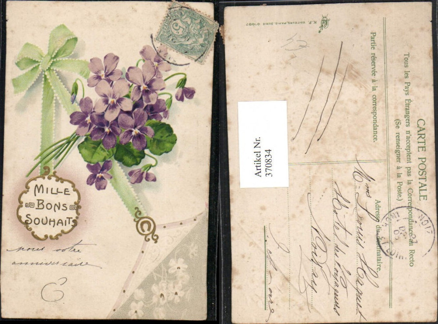 370834, Embosser Litho Mille bons Souhaits Flowers Violets Bow Horseshoe