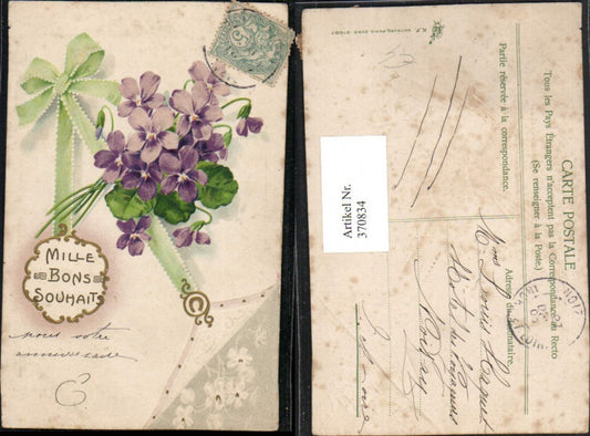 370834, Embosser Litho Mille bons Souhaits Flowers Violets Bow Horseshoe