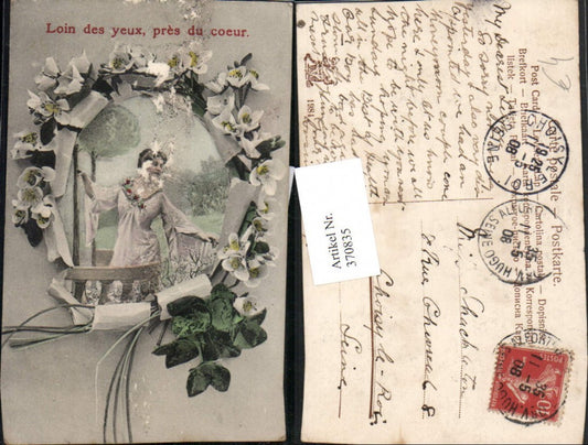370835,Loin des yeux pres du coeur Frau m. Kleid Passepartout Zerrissenes Papier Blumen