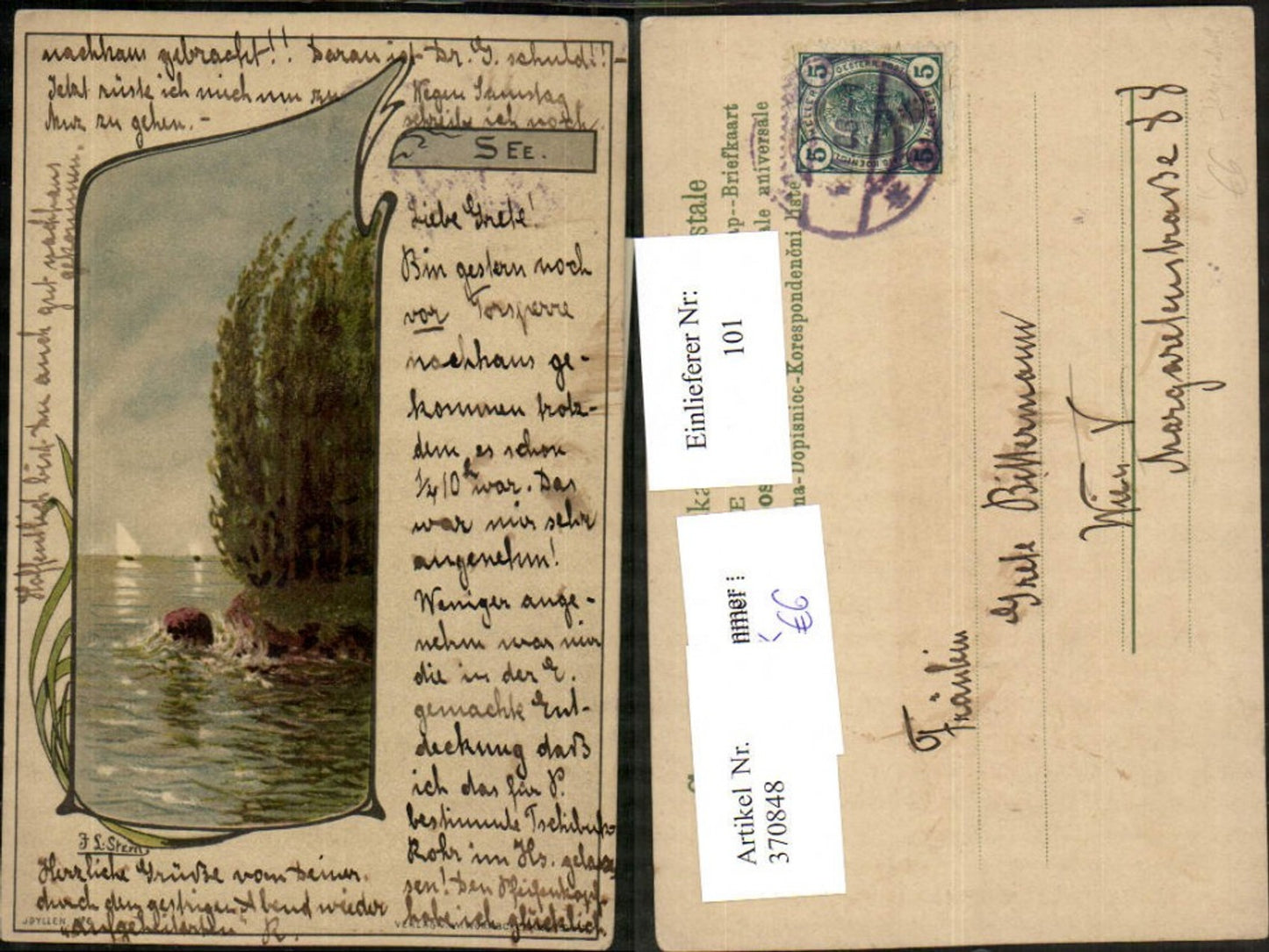 370848,Künstler AK Jugendstil Art nouveau F. L. Stern See Küste Segelboote Passepartout