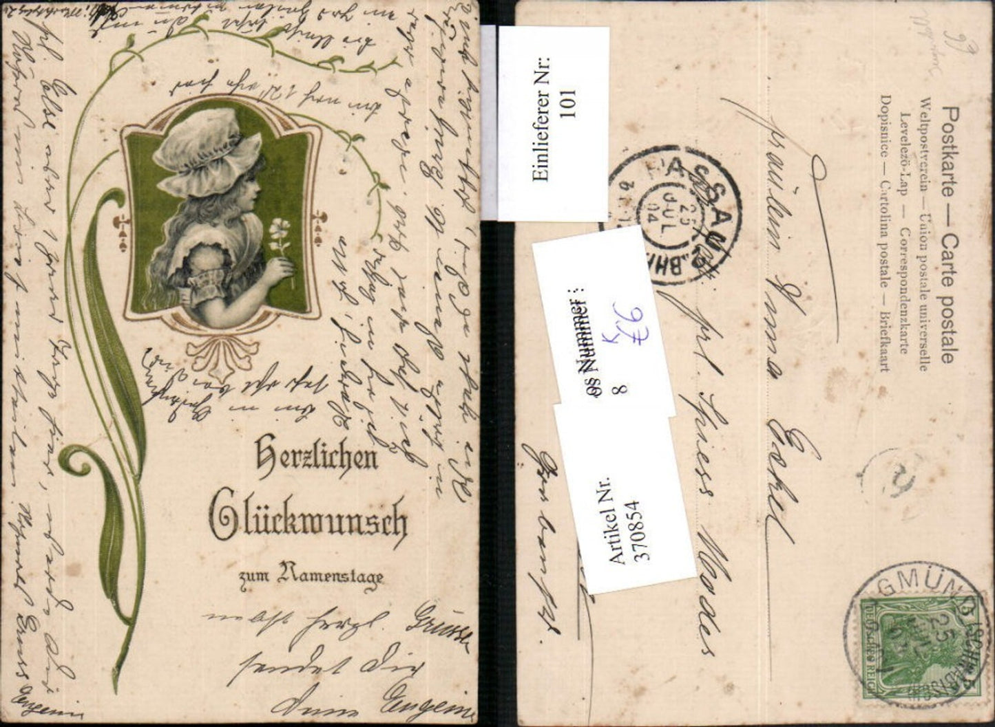 370854,Präge Künstler AK Jugendstil Art nouveau Namenstag Mädchen m. Haube Portrait