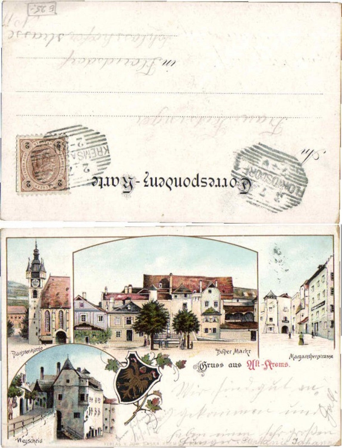 69539,tolle Lithographie Gruß aus Alt Krems an der Donau Hoher Markt Wegscheid