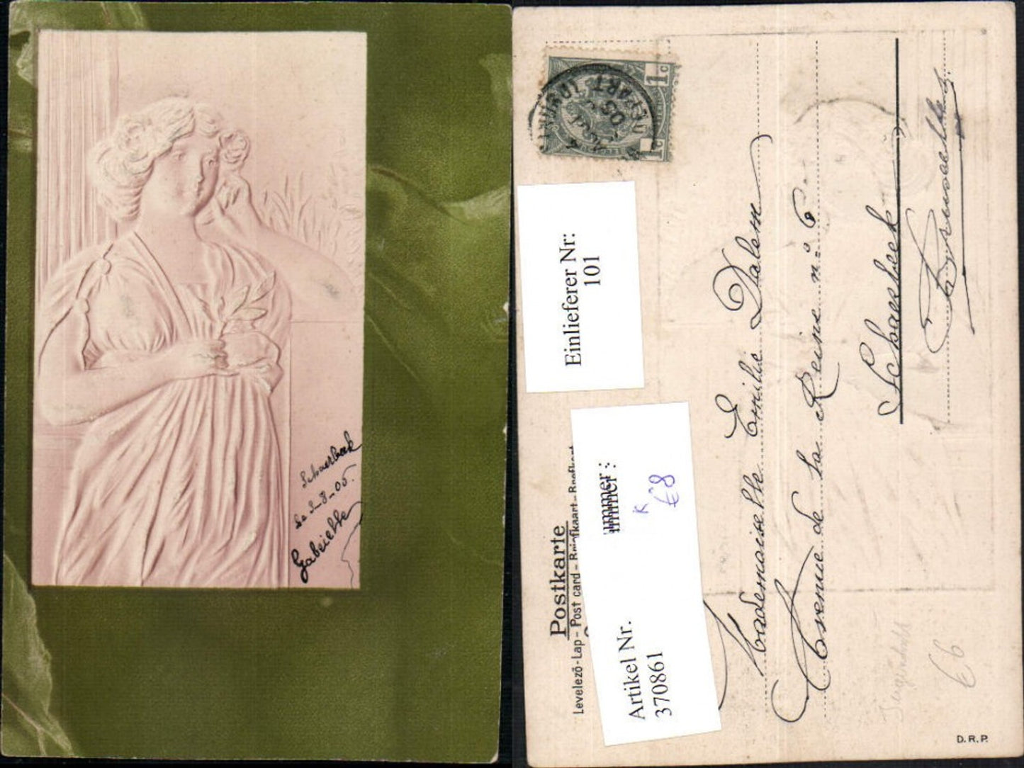 370861,Präge Relief Künstler AK Jugendstil Art nouveau Frau m. Kleid