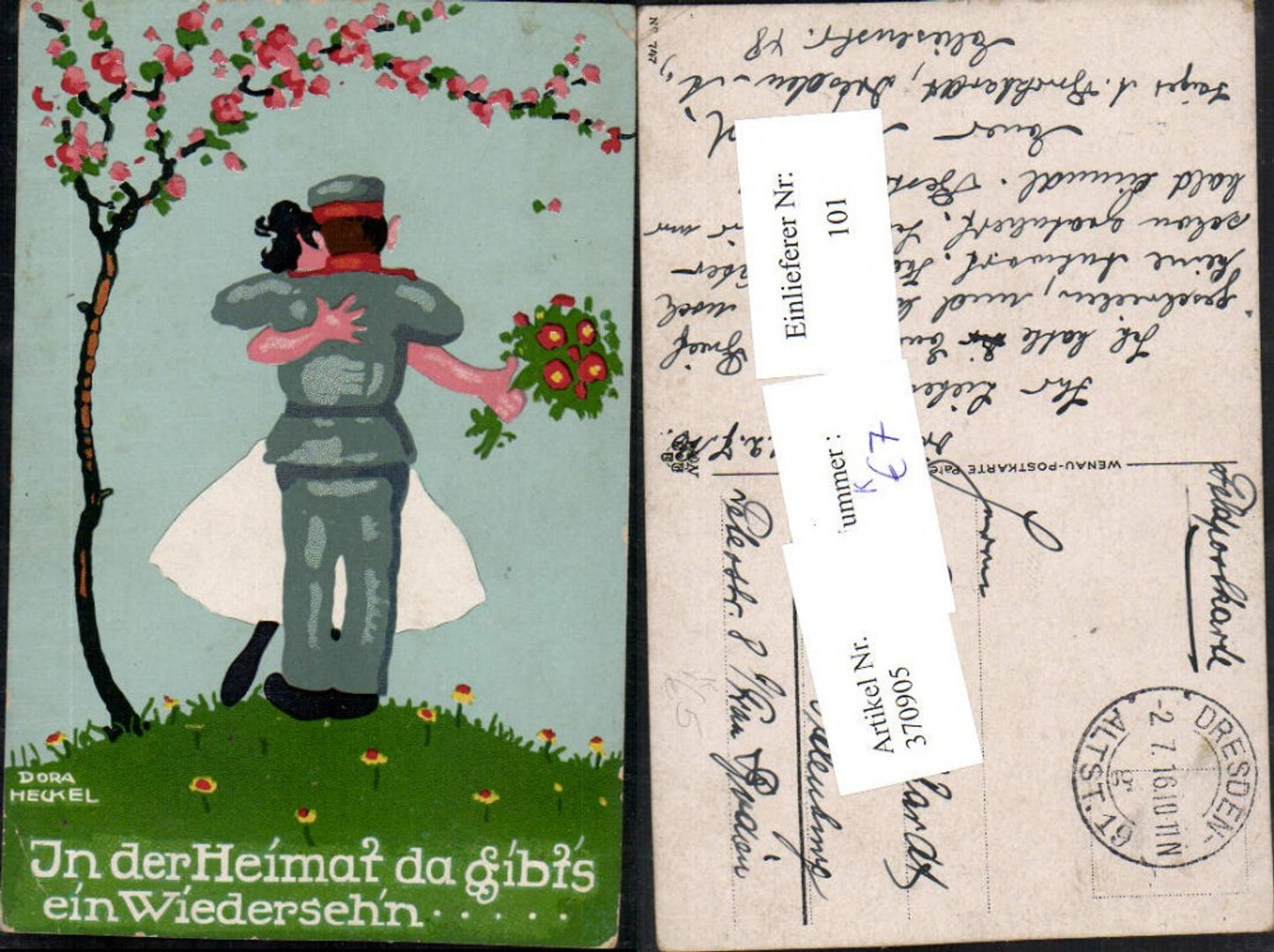 370905,Künstler AK Dora Heckel Soldat Frau Umarmung Blumen pub Wenau 747