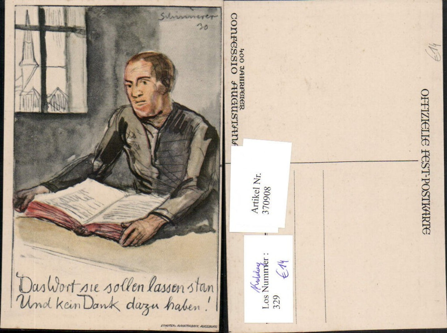 370908,Künstler AK Schinnerer Confessio Augustana 400 Jahrfeier Etiketten Fabrik Augsburg Reklame