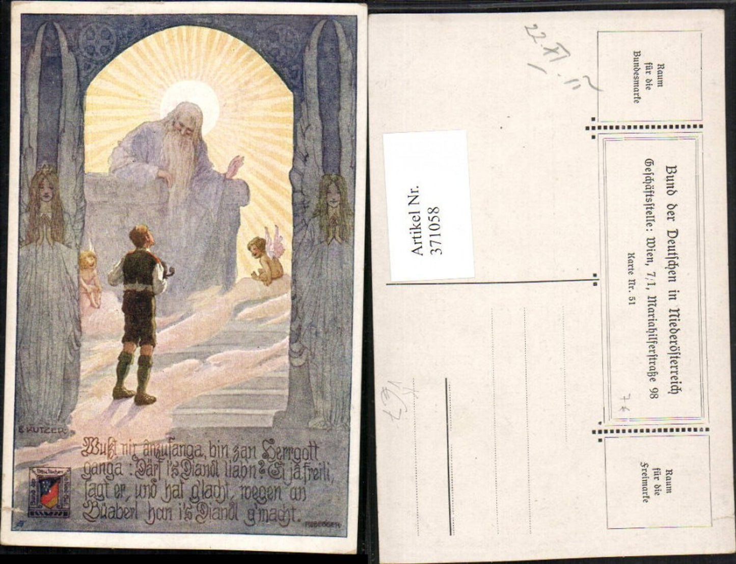 371058,Künstler AK Ernst Kutzer Mann Gott Engeln pub Bund d. Deutschen in Niederösterreich 51