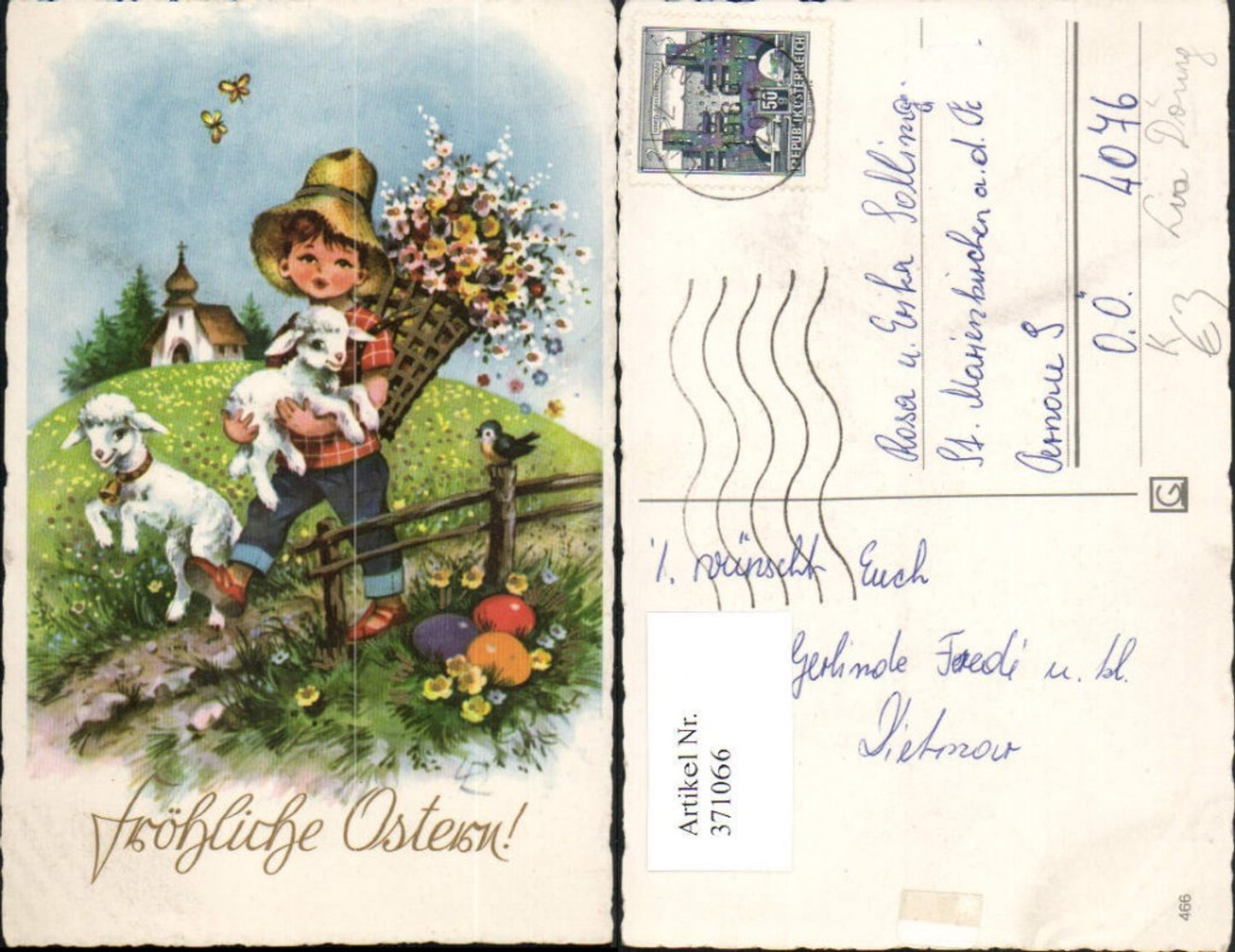 371066,Künstler AK Lia Döring Ostern Junge m. Hut Rückenkorb Blumen Lamm Kirche Ostereier