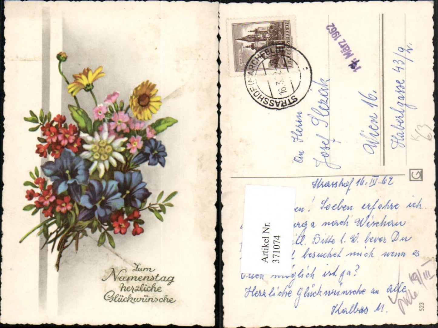 371074,Künstler AK Lia Döring Namenstag Blumenstrauß Blumen Enzian Edelweiß