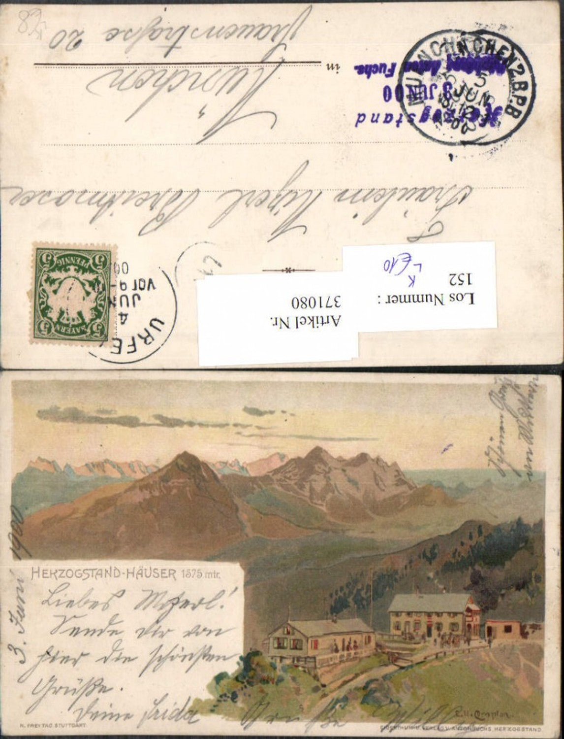 371080,Künstler Litho E. H. Compton Herzogstand Häuser Bergkulisse