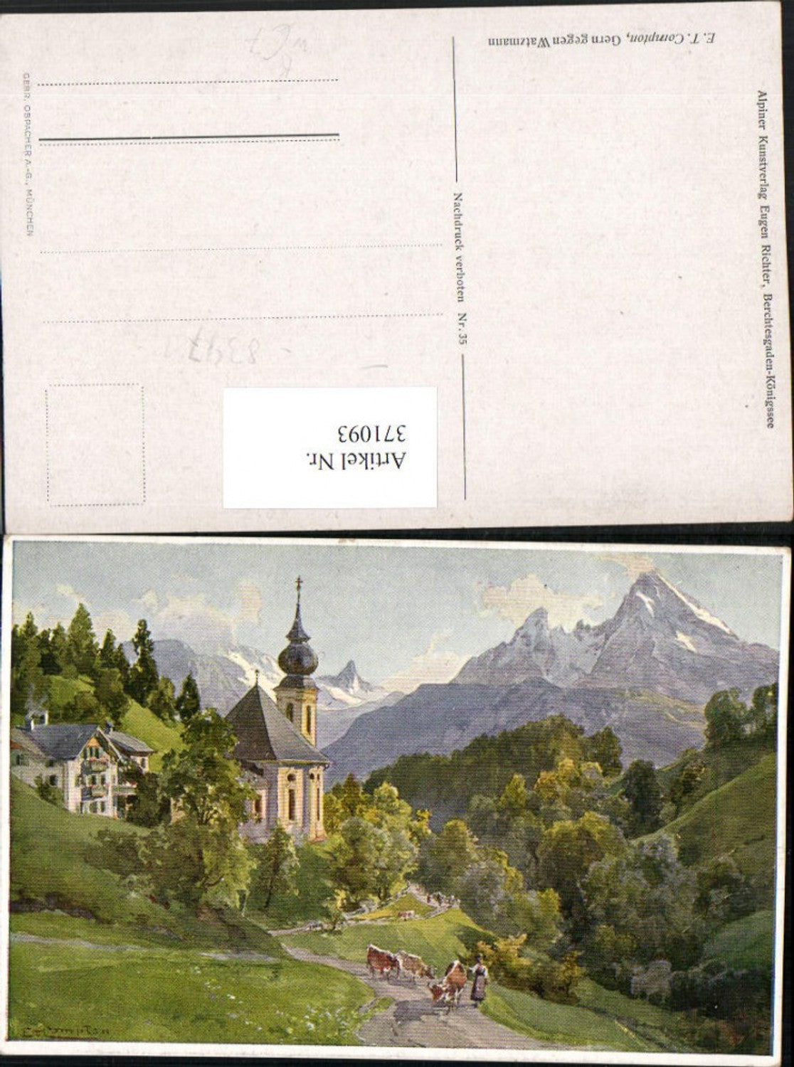 371093,Künstler AK E. T. Compton Gern Kirche geg. Watzmann Bergkulisse