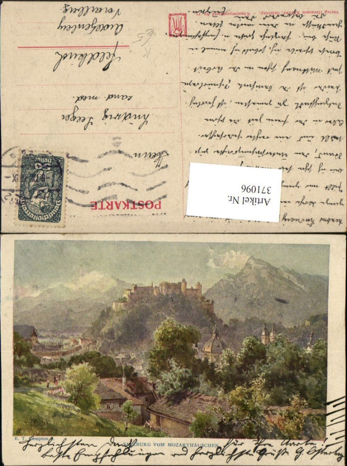 371096,Künstler AK E. T. Compton Salzburg Teilansicht m. Festung vom Mozarthäuschen