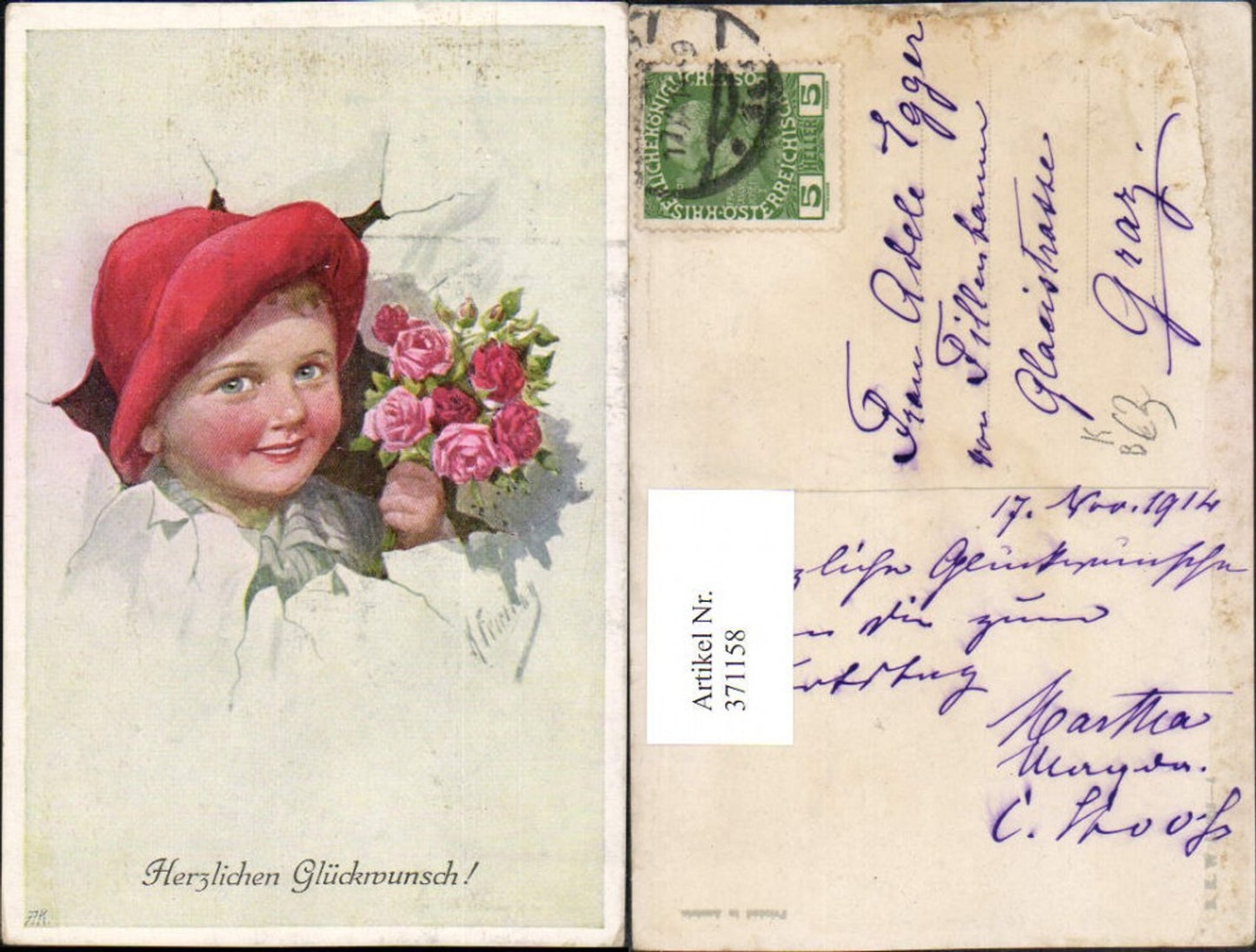 371158,Künstler AK Karl Feiertag Glückwunsch Junge Bub m. Hut Rosenstrauß pub B.K.W.I. 803/4