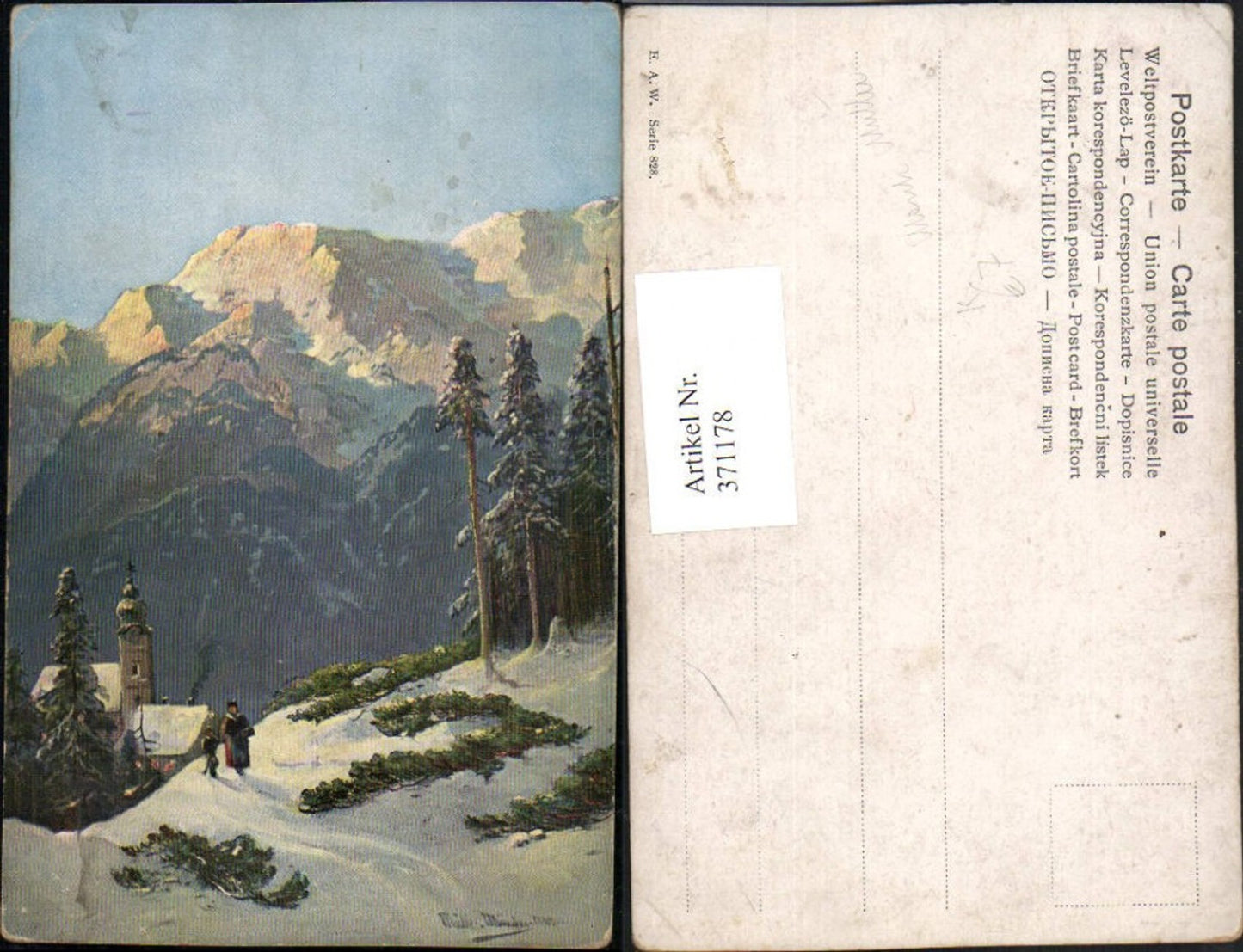 371178,Künstler AK Moritz Müller München Winterlandschaft Kirche Bergkulisse
