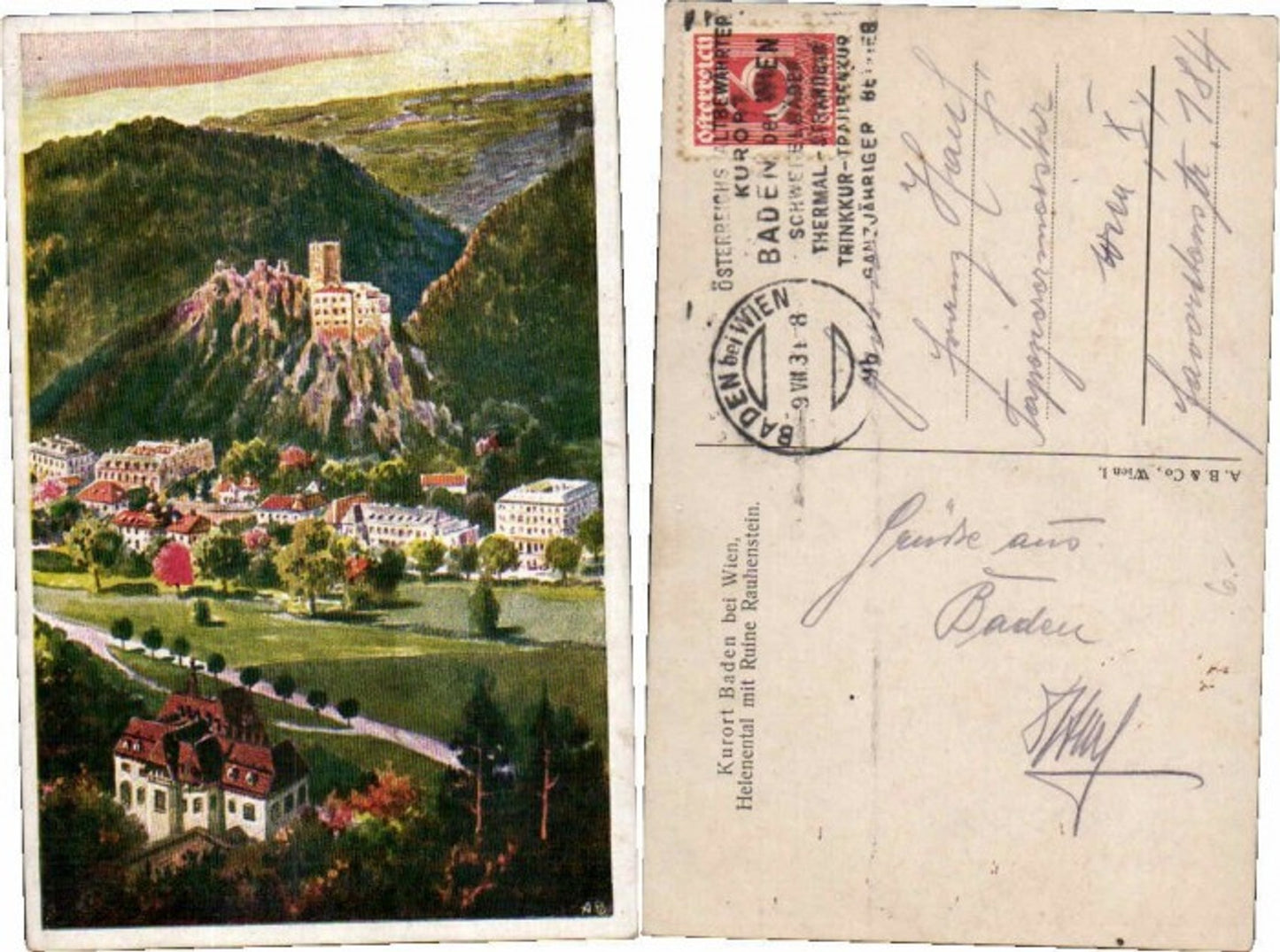 70147,Künstlerkarte Baden Helenental b. Wien Rauhenstein