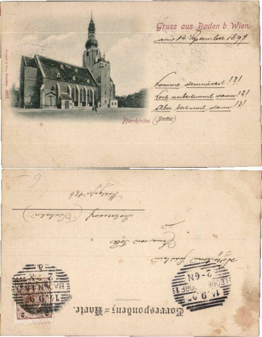 70157,Gruss aus Baden bei Wien Kirche 1897 pub Stengel Co 4857
