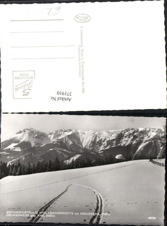 371910,Speckbacherhütte am Kreuzberg Übungswiese geg. Rax Bergkulisse Winterbild