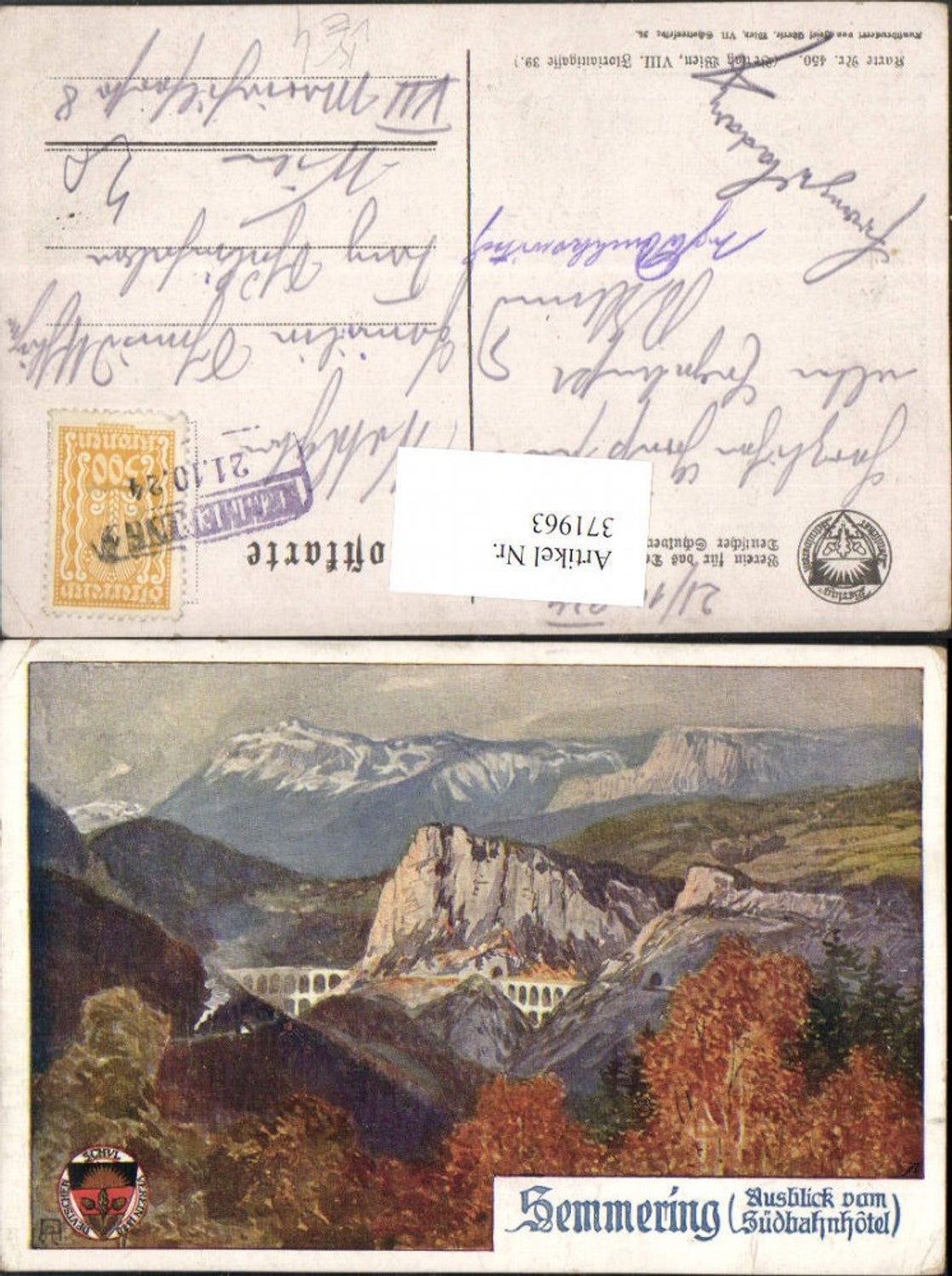 371963,Künstler AK A. Reckziegel Semmering Ausblick v. Südbahnhotel pub Deutscher Schulverein 450