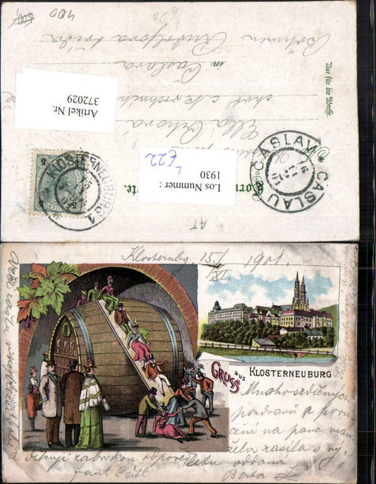 372029,Litho Gruß aus Klosterneuburg Stift Fasslrutschen Fass Mehrbildkarte