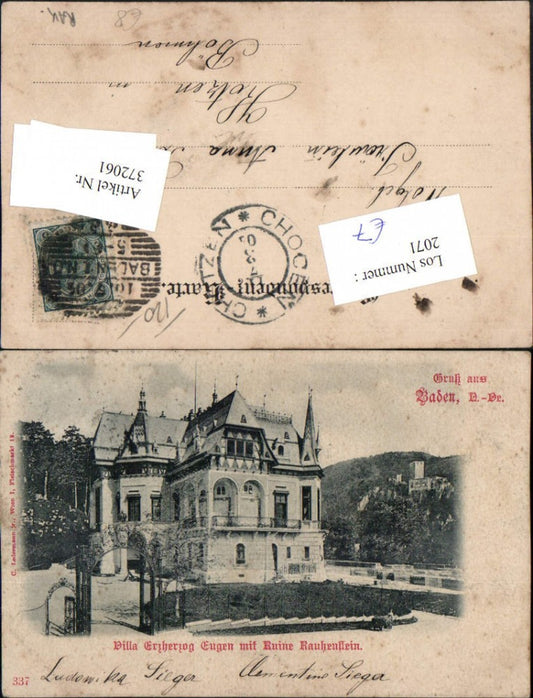 372061,Gruß aus Baden Villa Erzherzog Eugen m. Ruine Rauhenstein