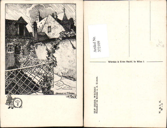 372109,Künstler AK Ulf Seidl Krems an d. Donau Haushof Kirche