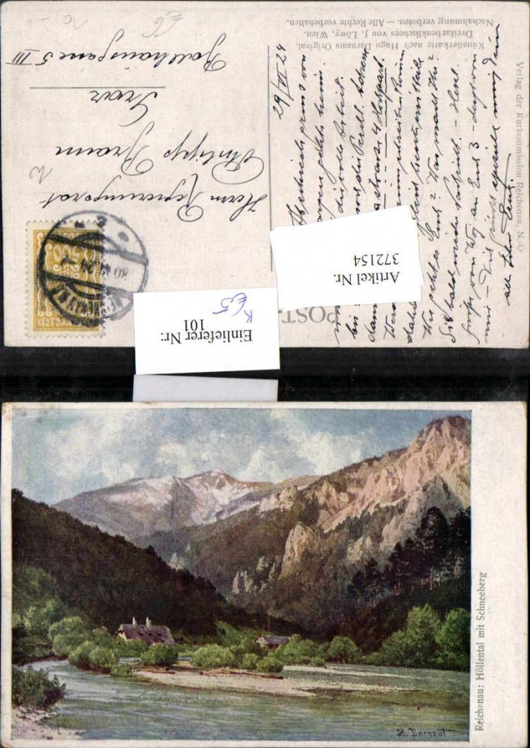 372154,Künstler AK Hugo Darnaut Reichenau Höllental m. Schneeberg Bergkulisse