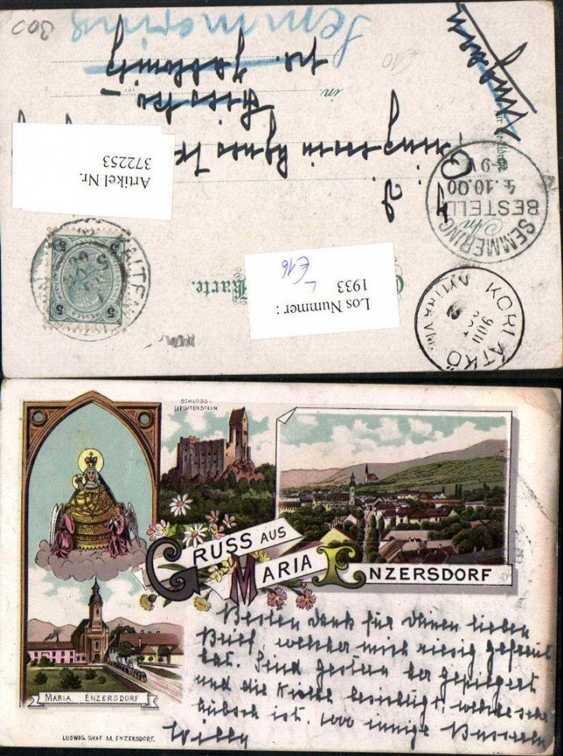 372253,Litho Gruß aus Maria Enzersdorf Totale Kirche Burg Liechtenstein Mehrbildkarte
