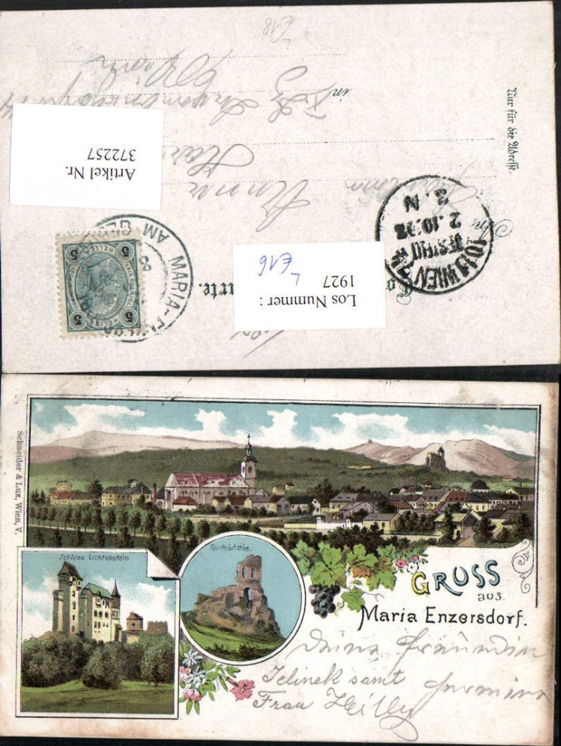 372257,Litho Gruß aus Maria Enzersdorf Totale Burg Liechtenstein Teufelshöhe Mehrbildkarte