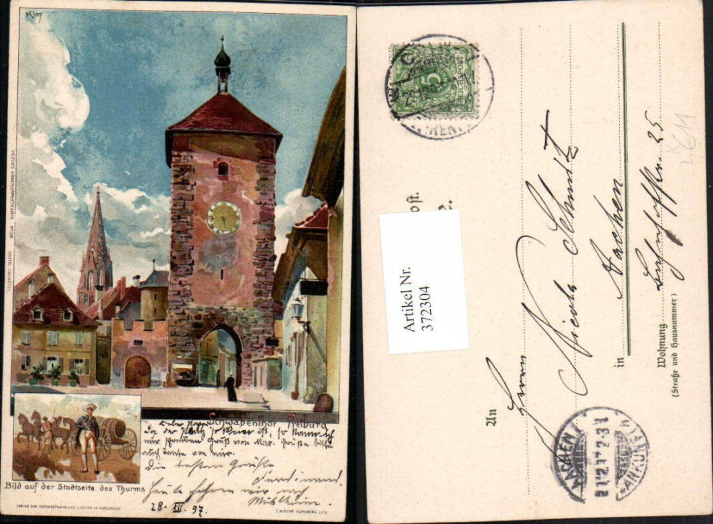 372304,Künstler Litho Heinrich Kley Freiburg Schwabentor Turm Mehrbildkarte